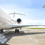 Stairs with jet engine on a private airplane — Bombardier